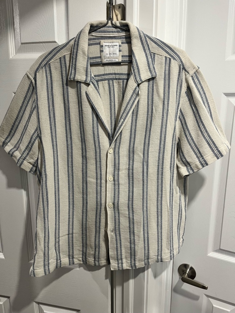 Casual Short Sleeve Stripe Camp Collar Shirt - Cream & Blue